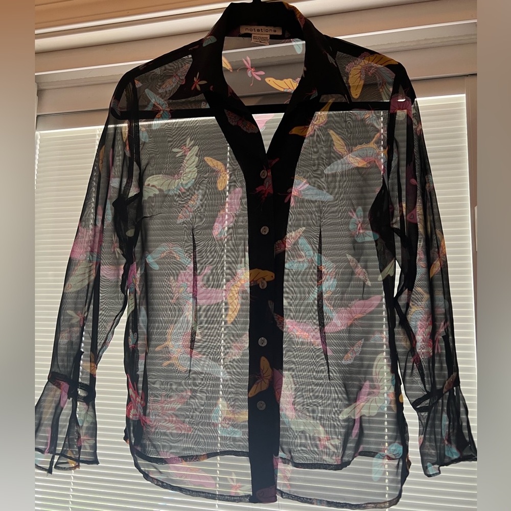 Women’s Chic Black Sheer Blouse with Vibrant Butterfly Design, Size Small